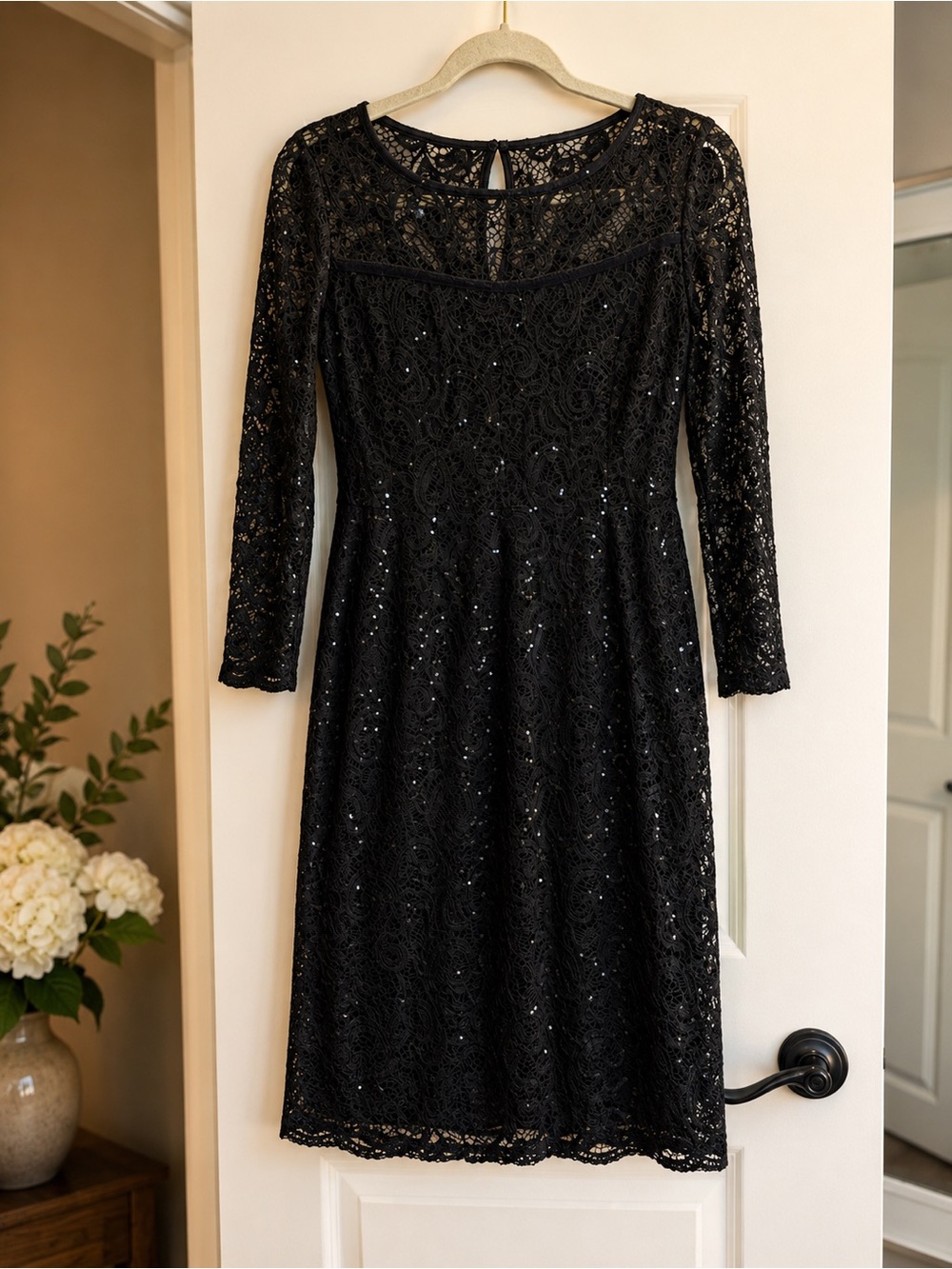MARINA Black Lace Long-Sleeve A-Line Dress with Subtle Sequins